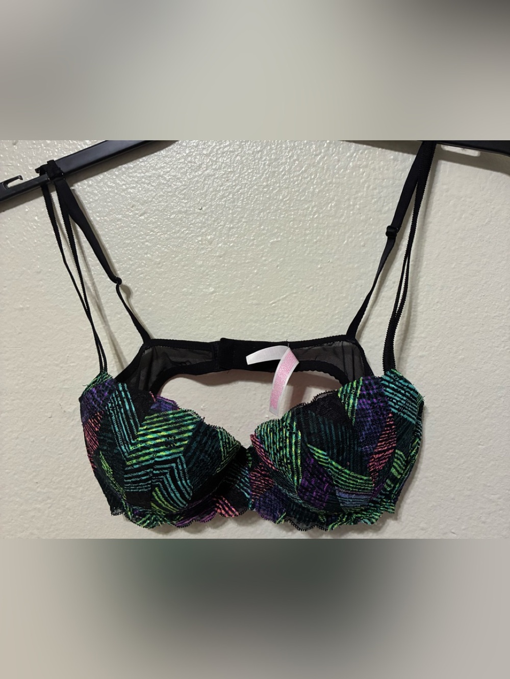 Victoria Secret Pink Underwire Bra - Black with Green & Purple Accents